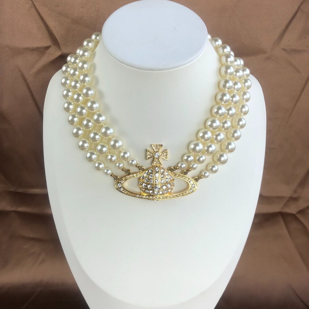 Vivienne Westwood Three Row Pearl Bas Relief Choker